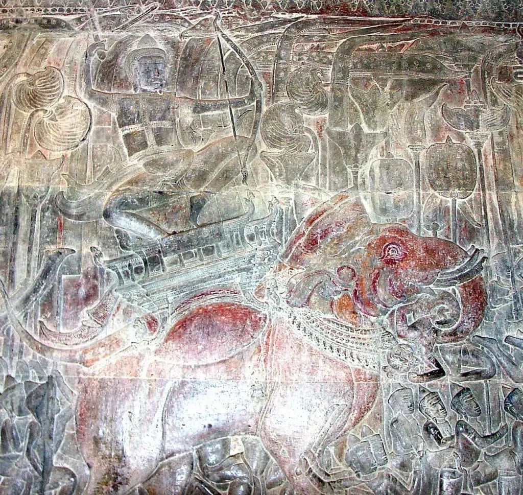 Panel of Indra riding Airavata used to compare thunder god traits across Indo-European branches.