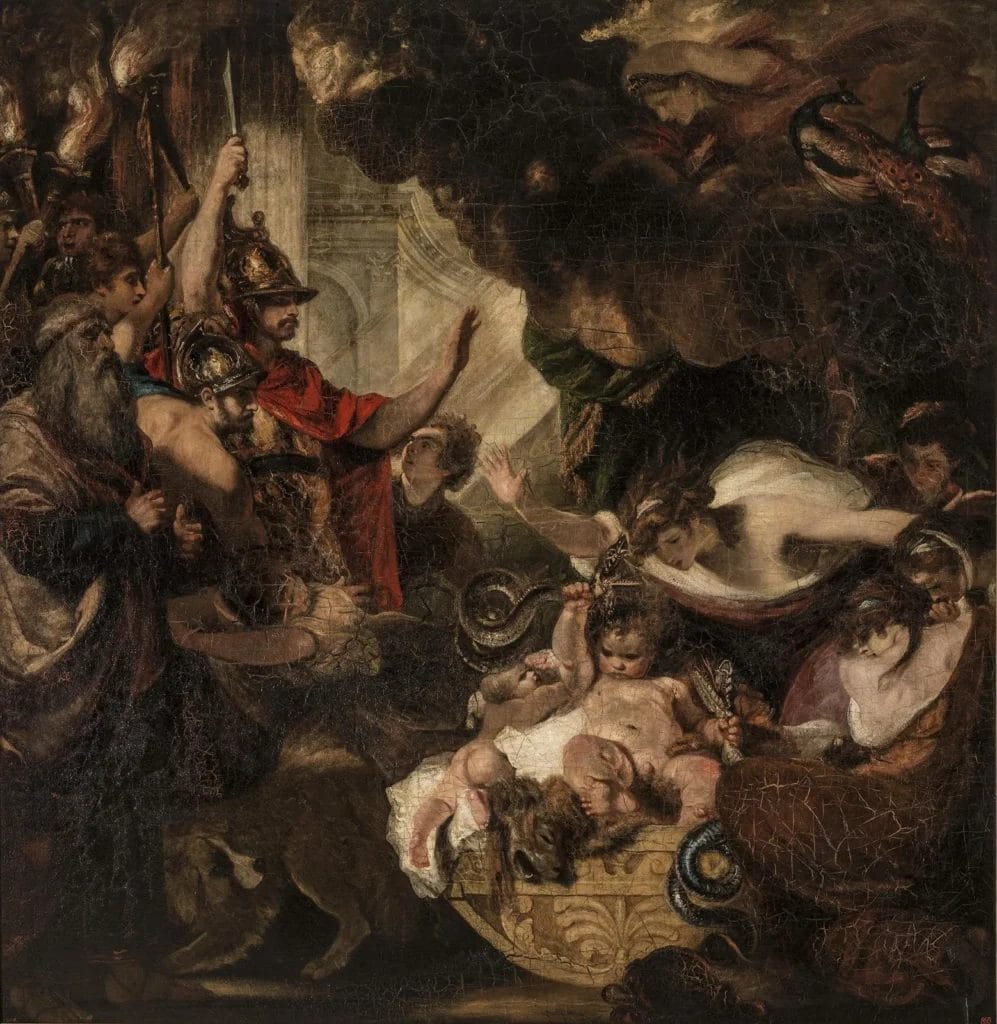 Baby Heracles grasping two snakes in a royal chamber