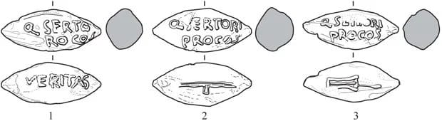 Research drawing of several inscribed sling bullets from the Sertorian War, with Latin legends.