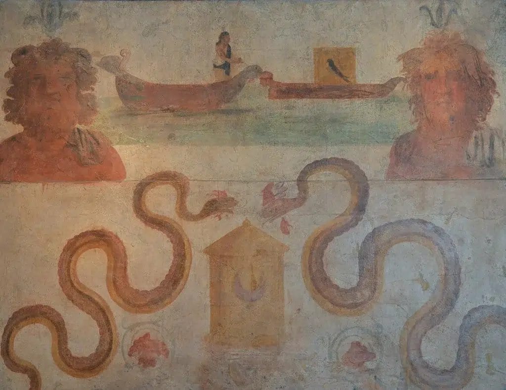 Fresco of an Osirian myth scene from the Temple of Isis at Pompeii, aligning the novel's closing rites with real cult imagery.