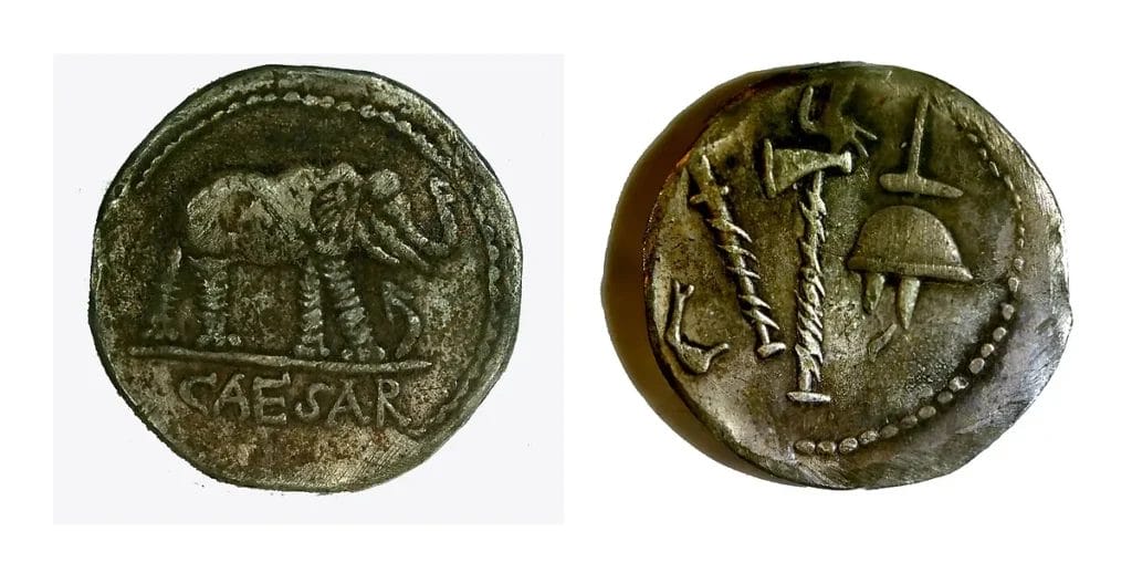 Obverse and reverse photos of an elephant denarius struck by Julius Caesar