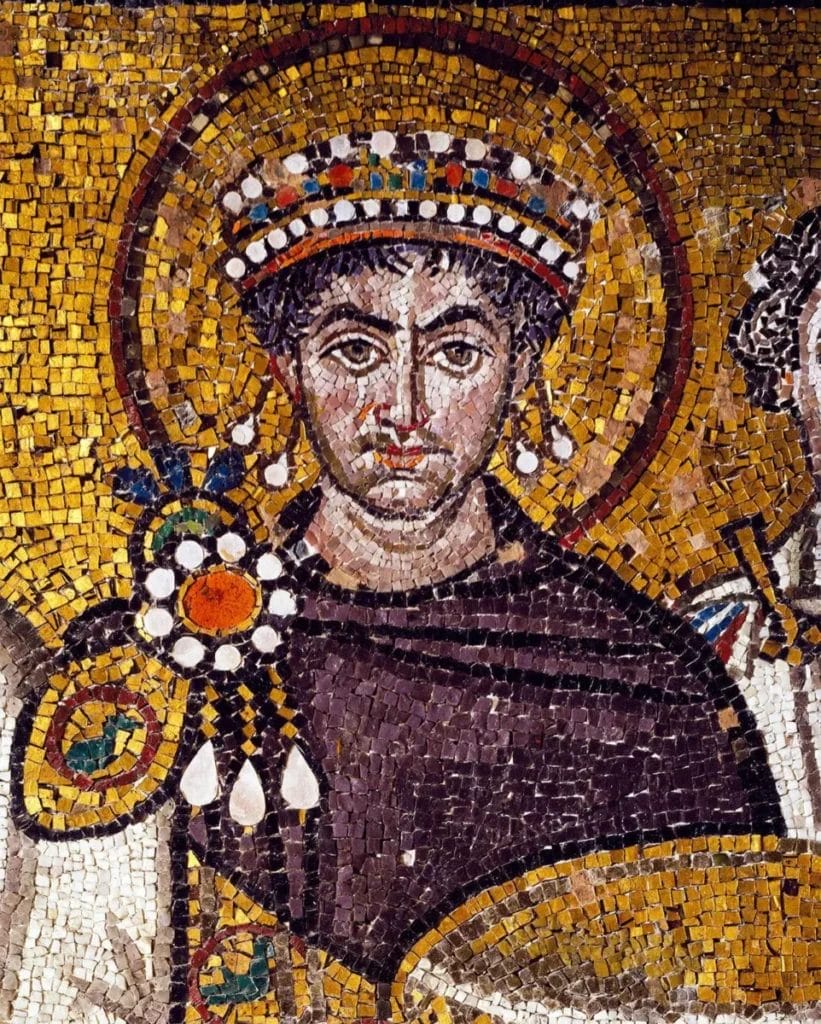 Justinian I with officials and soldiers in a court mosaic