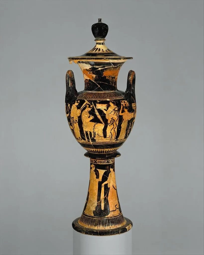 Attic red-figure lebes gamikos on a stand with seated bride scene.