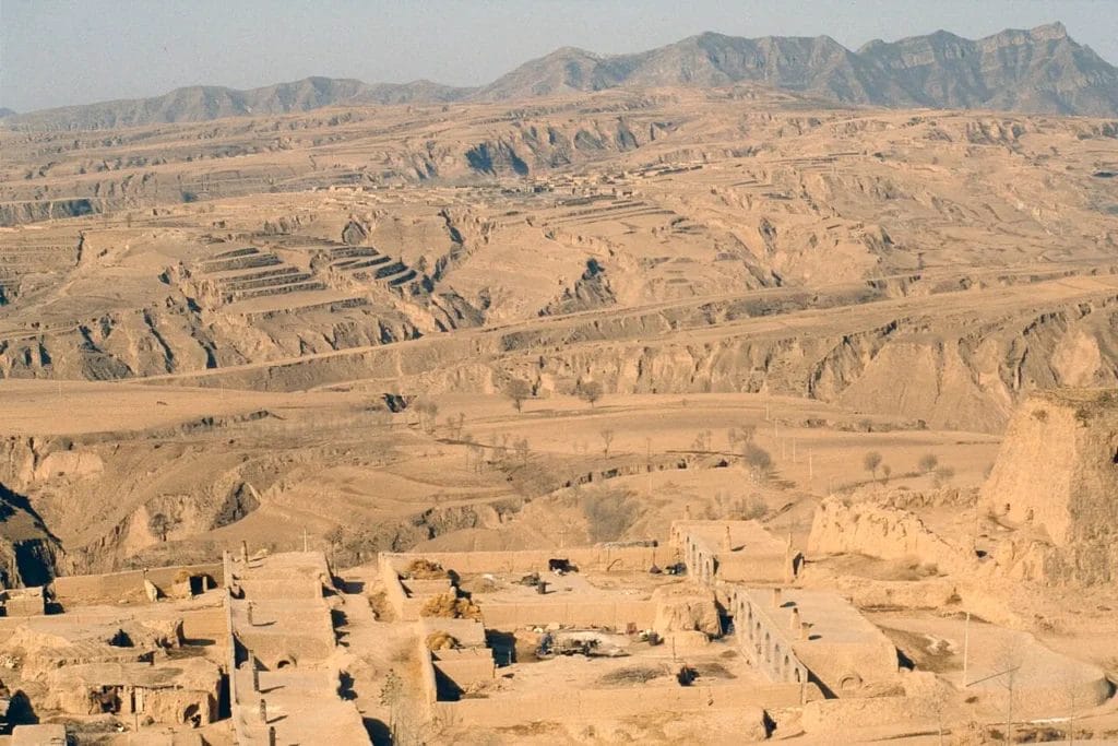 Eroded loess landscape in northern China showing fine silt cliffs and terraces