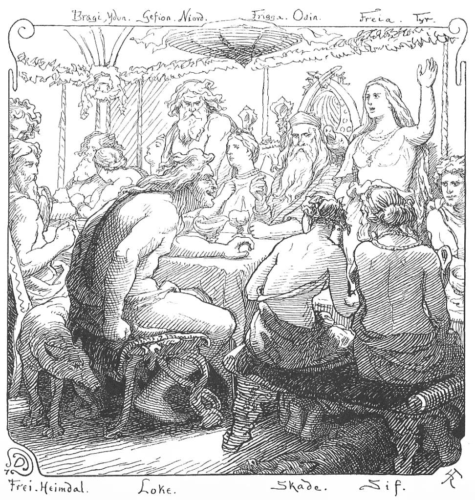 Norse gods at feast before Loki’s insults