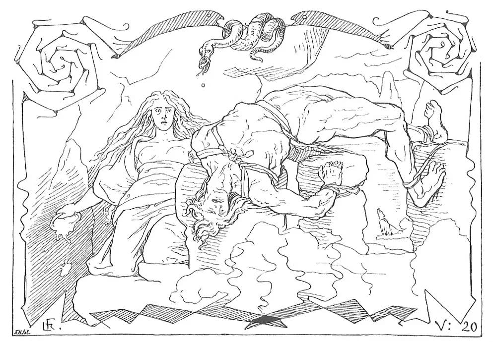 Loki bound as Sigyn catches venom