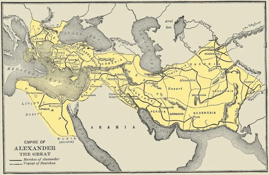 Map showing Macedon, the Near East, and routes to India