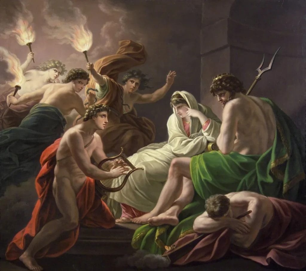 Orpheus entreating Hades and Persephone on their throne