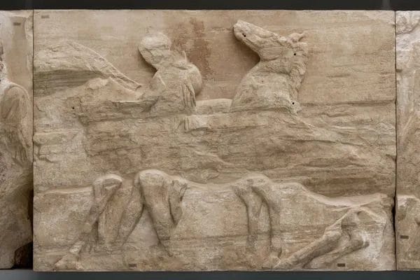 Parthenon West frieze riders preparation marble relief