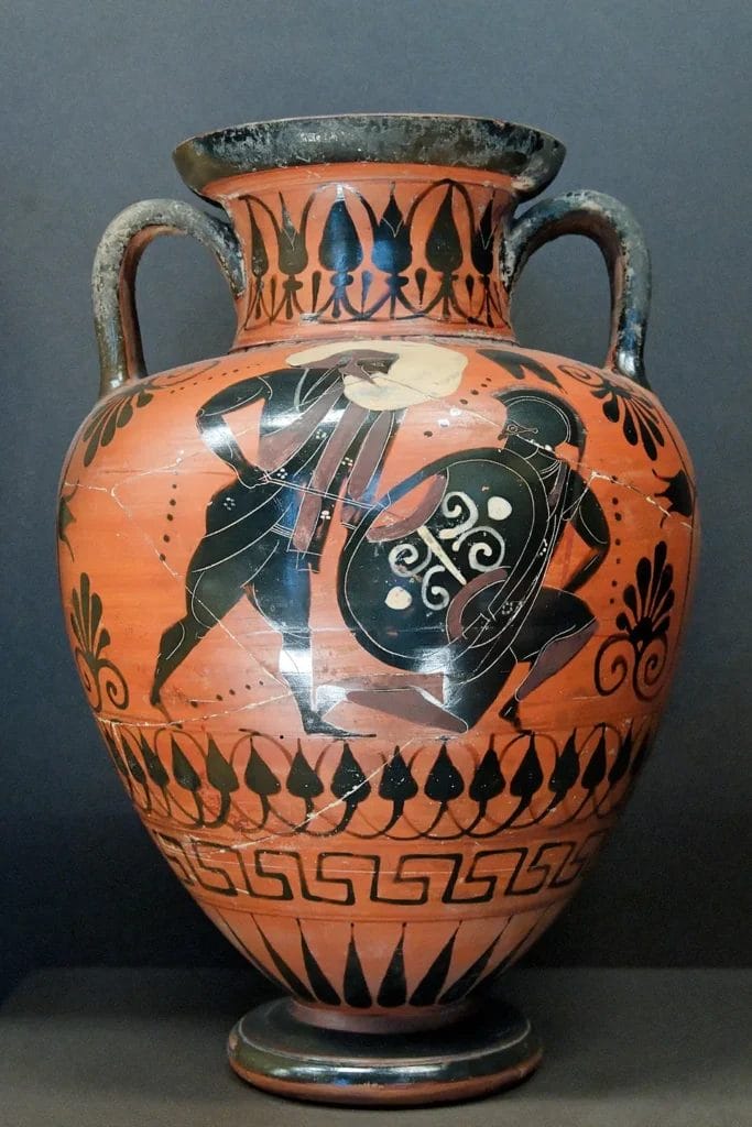 Black figure scene of Poseidon attacking a giant
