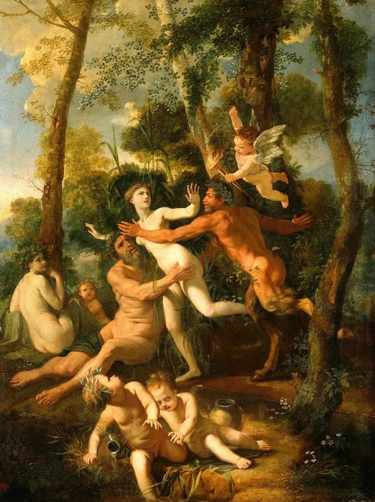 Poussin painting of Pan pursuing Syrinx near water