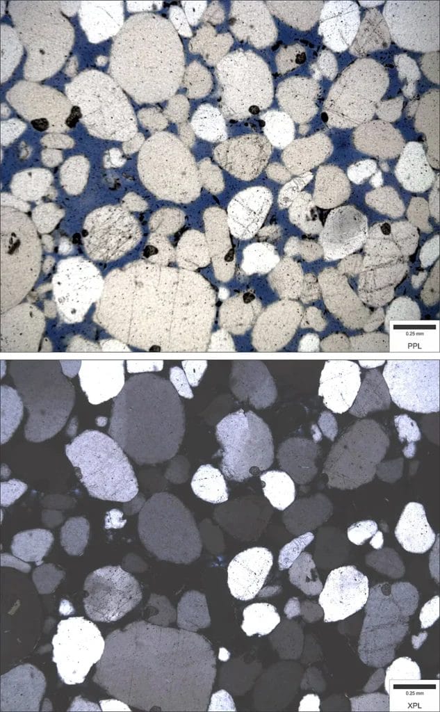 Photomicrograph of quartz sandstone in plane-polarized and cross-polarized light with blue epoxy in pores.