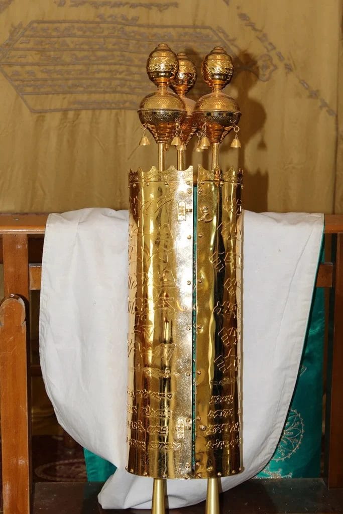 Close view of Samaritan Torah scrolls in the Mount Gerizim synagogue