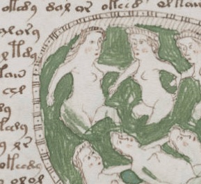 Close view from a bathing folio showing a crowned figure among the women, a typical ranking device in illustrated bath regimens.