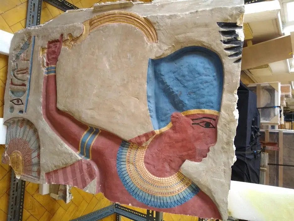 British Museum cast of the Karnak relief with Seti I raising a khopesh above a subdued enemy.