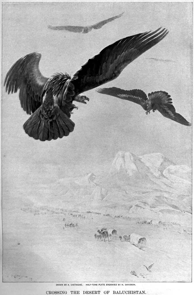 Engraving of a column strung out across dunes under a burning sky