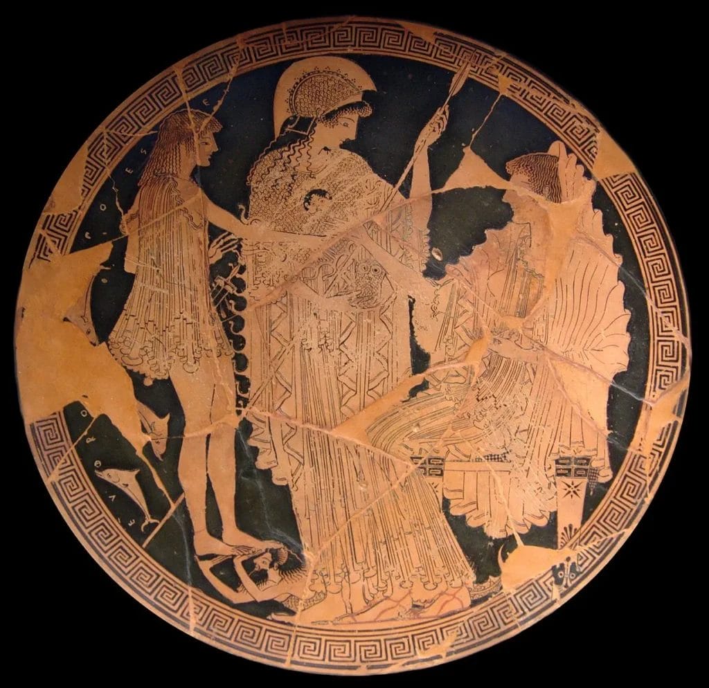 Red figure tondo with Theseus and Amphitrite