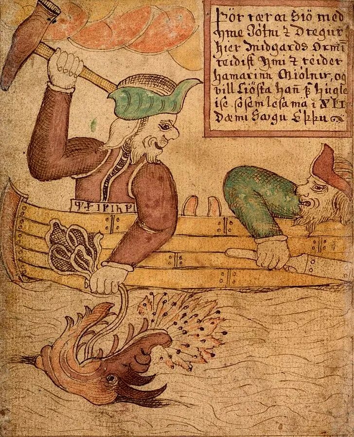 Thor and Hymir fishing for world serpent manuscript art