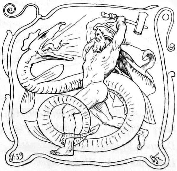 Thor fights Jormungandr at Ragnarök