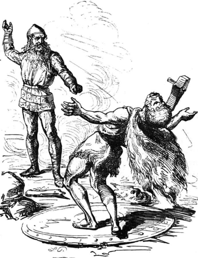 Thor strikes Hrungnir with hammer