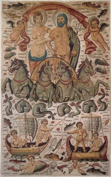 Mosaic showing Neptune and Amphitrite in a sea chariot