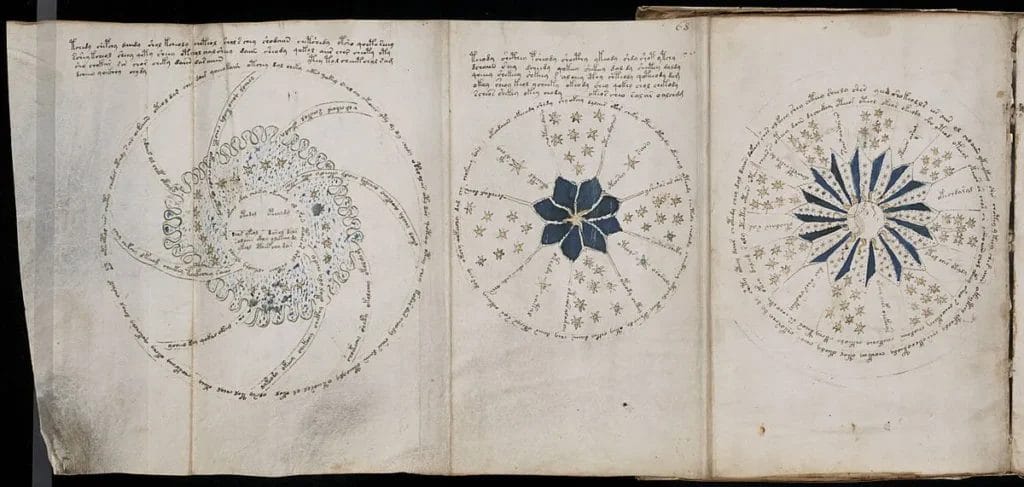 Panel from a three-page foldout with radiating stars and circular bands.