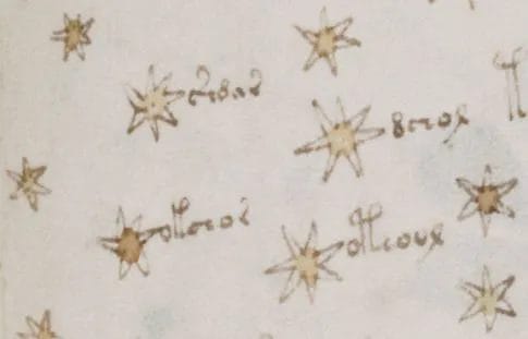 Concentric bands with stars and short labels on folio f68r2.