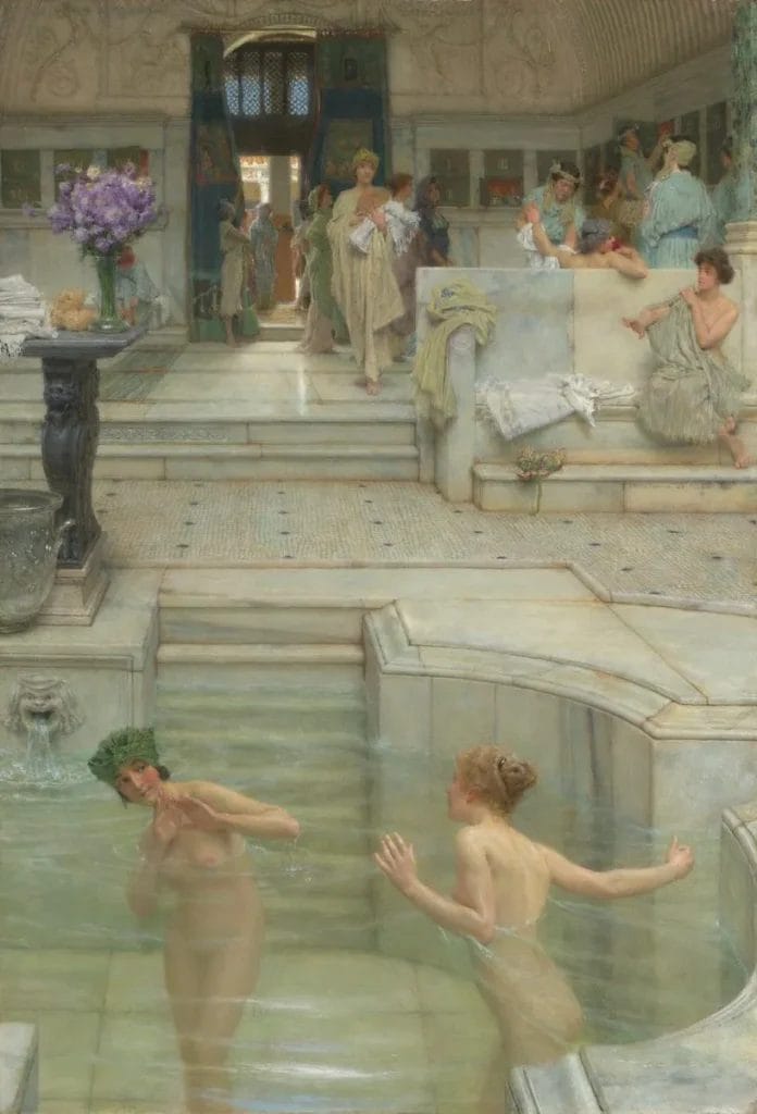 Oil painting showing Roman women in a luxurious marble bath with one woman playfully splashing another in the frigidarium