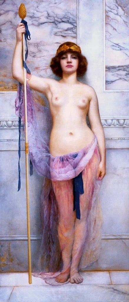 Neoclassical painting showing woman in white robes as priestess in classical setting