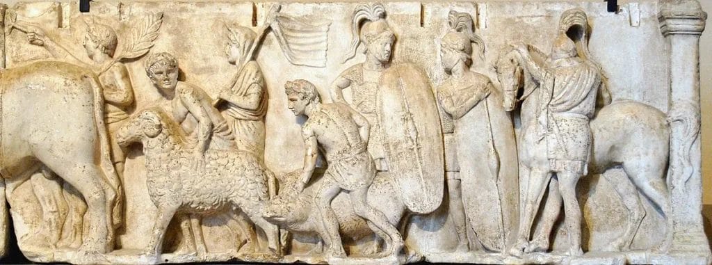 Ancient Roman relief carving showing officials recording citizens for taxation