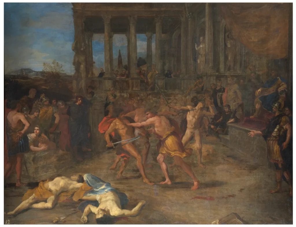 Roman gladiators fighting in amphitheater arena with crowd of spectators watching