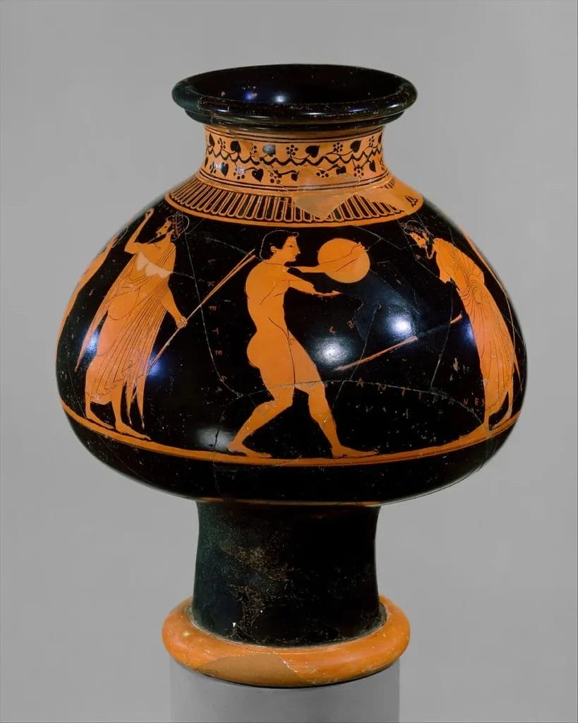 Red-figure psykter showing named athletes practicing discus, broad jumping, and javelin with trainers in a gymnasium, Metropolitan Museum of Art.