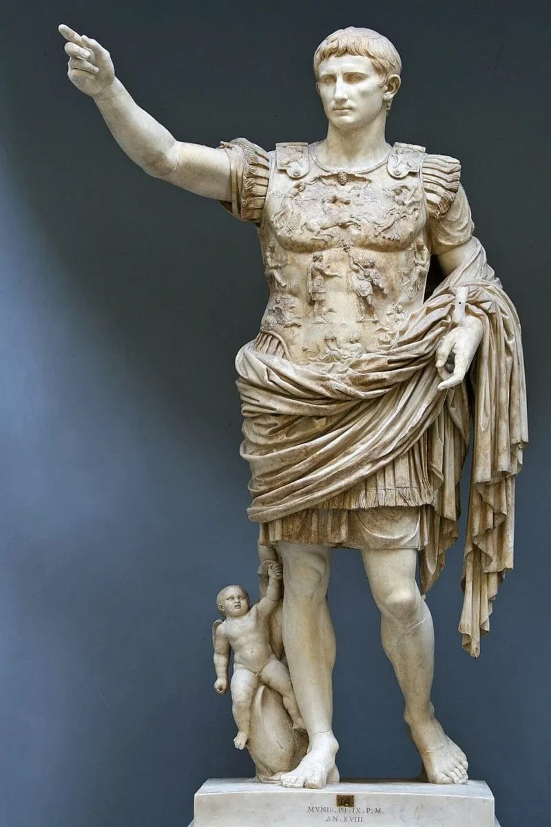 Roman Empire founder Augustus in military dress with raised arm