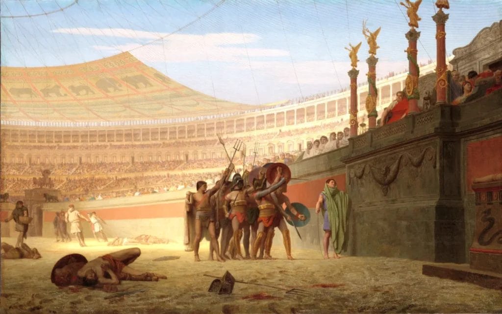 Wide panoramic painting of Roman Colosseum with gladiators saluting emperor before combat