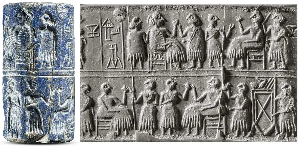 Banquet scene from a Mesopotamian cylinder seal showing seated figures and servants, typical of elite ritual and social life