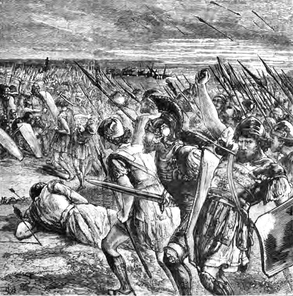 Nineteenth-century painting depicting the clash between Athenian hoplites and Persian forces at Marathon in 490 BC