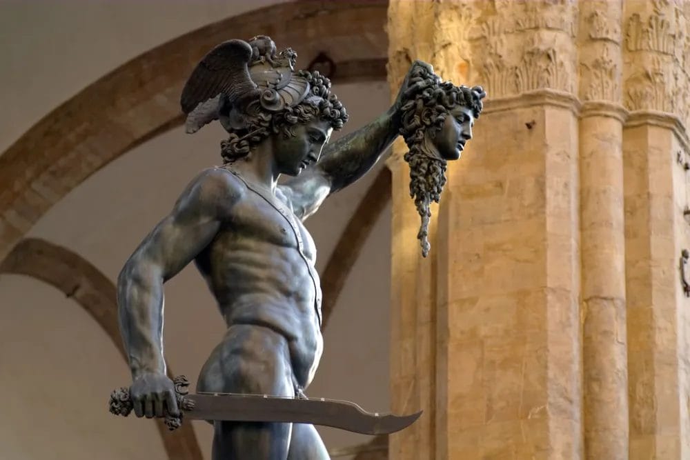 Bronze sculpture of Perseus holding Medusa’s head aloft