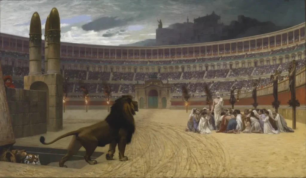 Painting depicting Christians praying in Roman Circus Maximus as wild beasts approach and crucified victims line arena