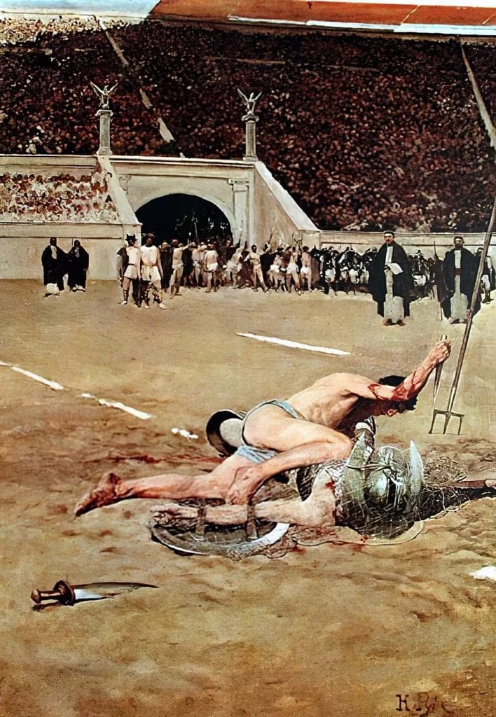 Classical oil painting depicting Roman gladiators fighting in arena with architectural columns and spectators