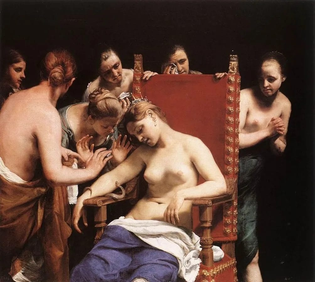 Baroque painting showing Cleopatra dying on throne with asp coiled around arm and grieving servants