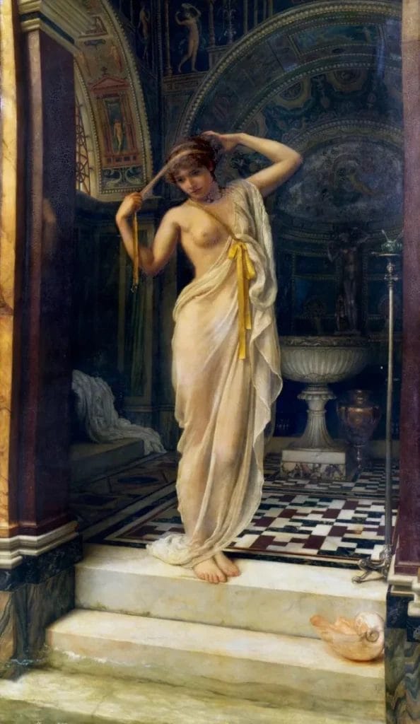 Oil painting of classical female figure based on Venus Esquilina statue showing bathing preparation