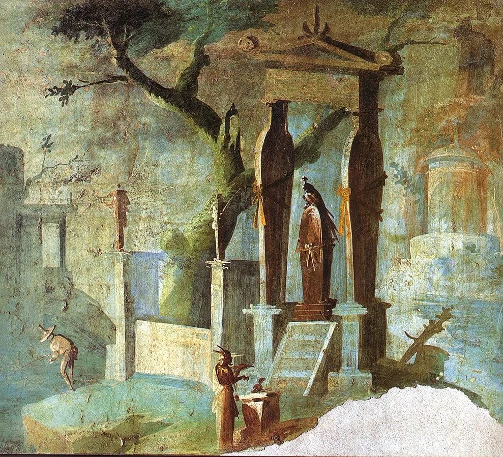 A ceremony worshipping the sarcophagus of Osiris, depicted in a fresco in the Temple of Isis at Pompeii from the first century CE
