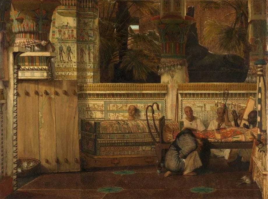 Painting showing Egyptian woman mourning beside mummy case in temple with priests and archaeological details