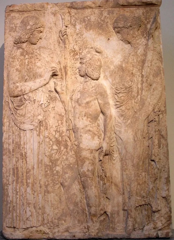 Stone relief of two goddesses from ancient Eleusis sanctuary