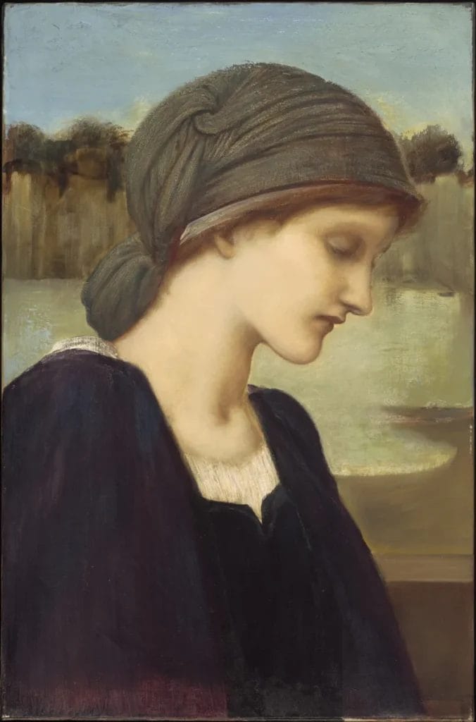 Pre-Raphaelite painting showing young woman in profile wearing black dress with gray head covering representing Vestal Virgin
