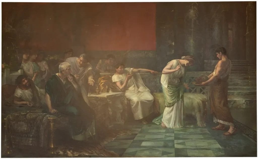 Why Fulvia stabbed Cicero tongue painting showing Roman woman piercing severed head with hairpins revenge scene