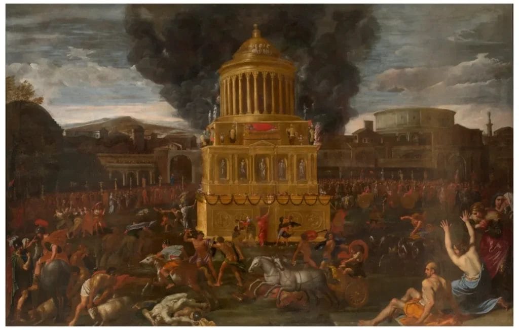 Dramatic painting showing elaborate Roman funeral ceremony with procession and mourners