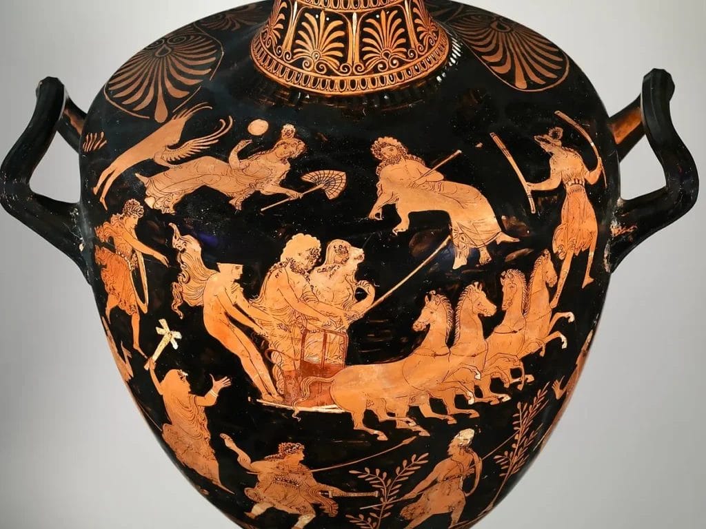 Ancient pottery showing the abduction of Persephone by Hades