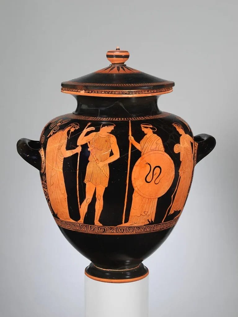 Ancient Greek red-figure stamnos depicting a young warrior being armed with shield and spear before departure, illustrating the ceremonial arming of ephebes in the Athenian ephebeia program, Metropolitan Museum of Art.