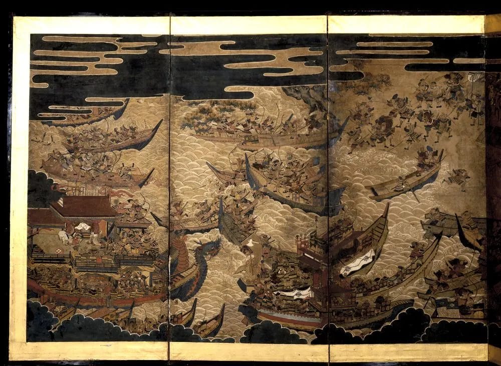 Six-panel Japanese screen painting depicting samurai battles between Taira and Minamoto warriors